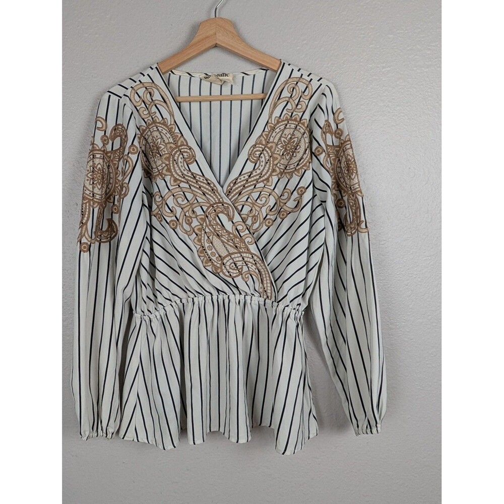 Savanna Jane White Striped Peplum Tunic with Gold Embroidery